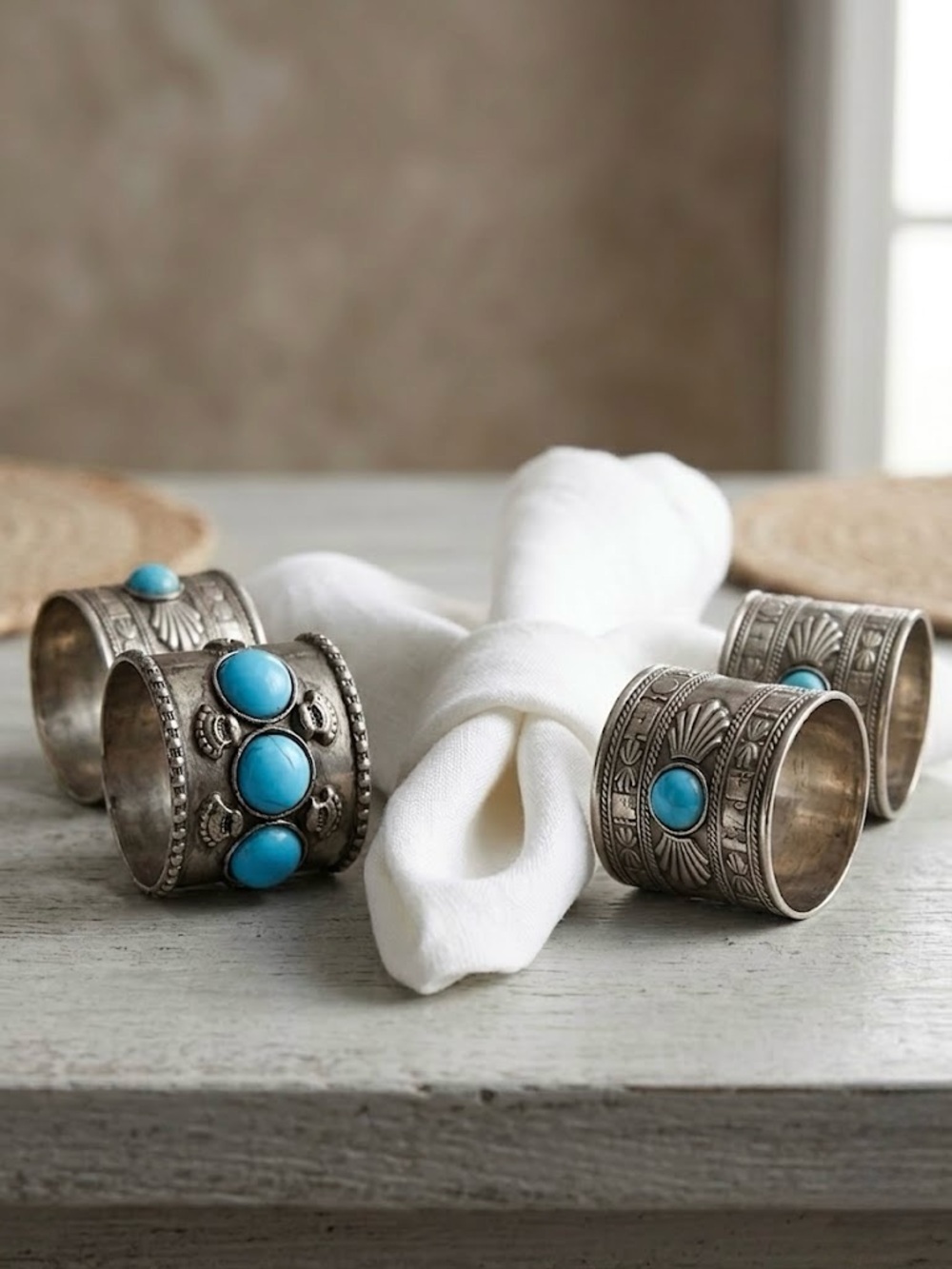 Vintage Two's Company, Western Boho Turquoise Napkin Rings (Set of 4)